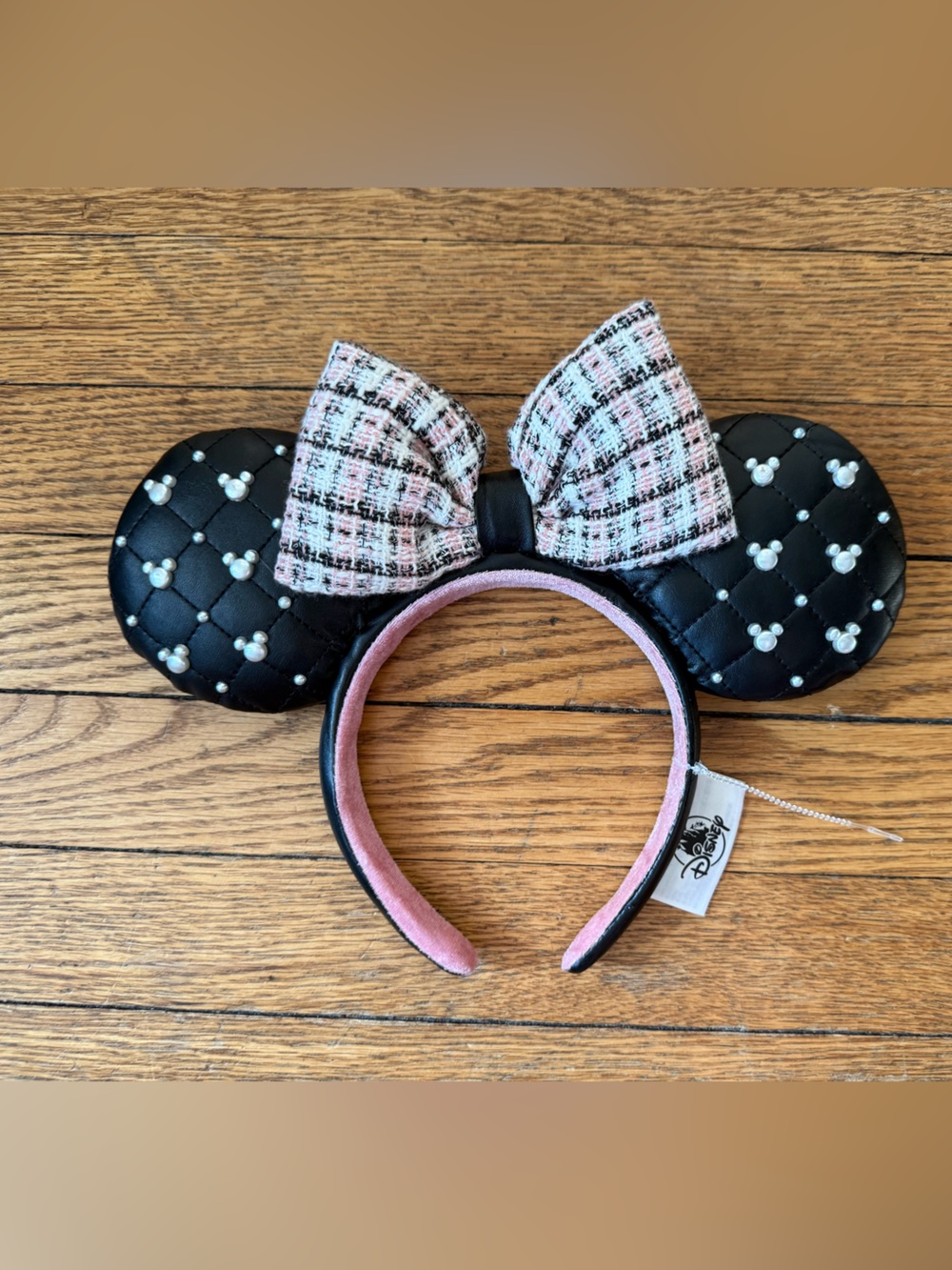 Disney Black Quilted Minnie Ears Headband with Pink Tweed Bow